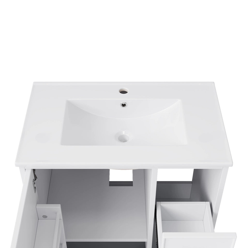 Mobile lavabo a pavimento bianco con lavabo in ceramica, 2 cassetti e vano portaoggetti capiente