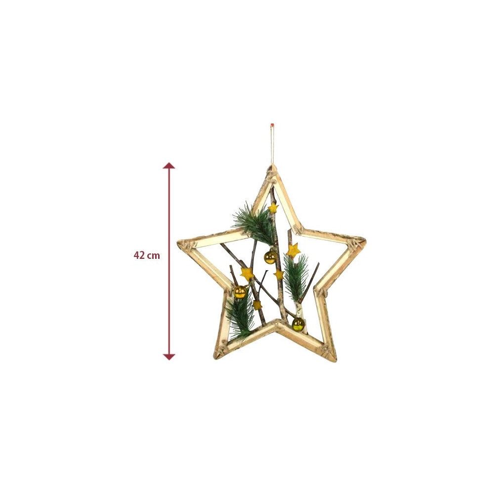 Trade Shop - Appendino Forma Stella In Legno Rami E Palline 42cm Oro Decorazione Natale -