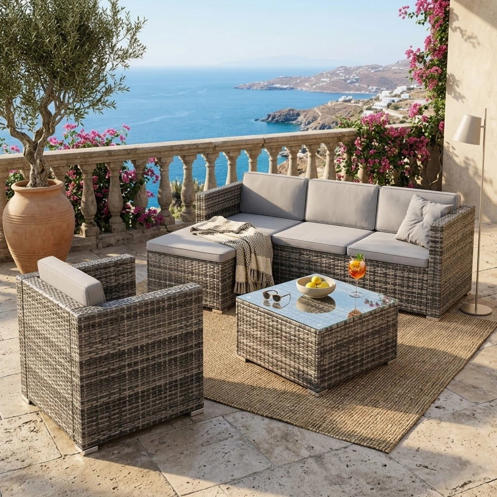 Set Salotto Da Esterno In Polyrattan Modulare Con Cuscini E Tavolino Struttura Personalizzabile Per 4/5 Persone Ideale Per Terrazza Patio Outdoor Grigio