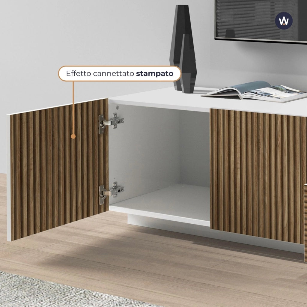 WHOUS Mobile porta tv Coste a 4 ante 1 cassetto e 1 vano bianco/legno chiaro 220,1x43x46 cm