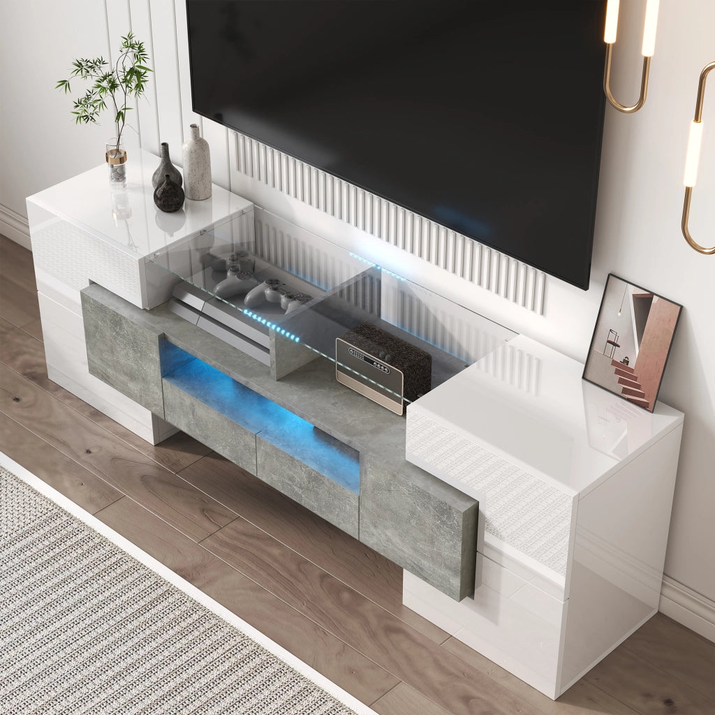 Mobile TV moderno bianco lucido con LED, 145 cm, 6 ante, 2 cassetti e 3 vani