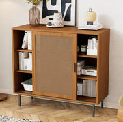 Credenza 100x37x90 cm con 2 ante scorrevoli in rattan; pannello truciolare noce