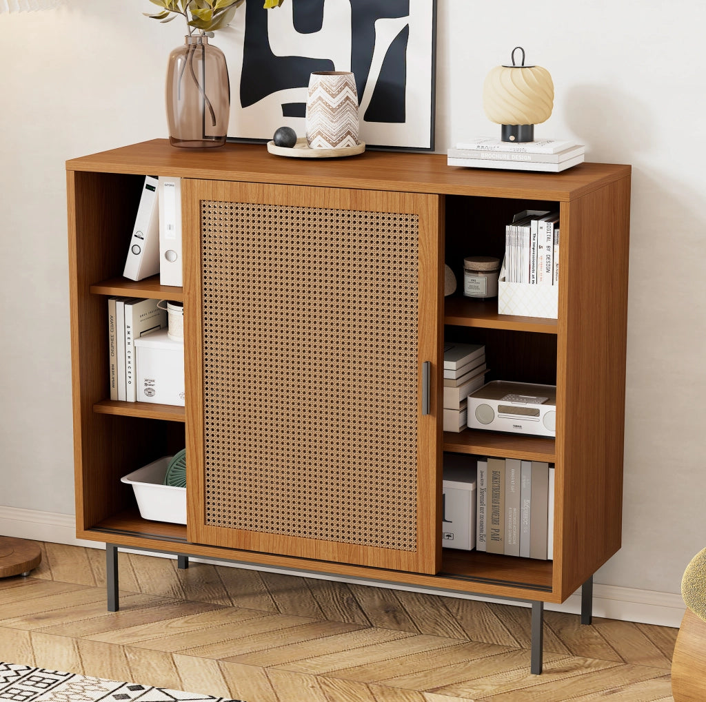 Credenza 100x37x90 cm con 2 ante scorrevoli in rattan; pannello truciolare noce