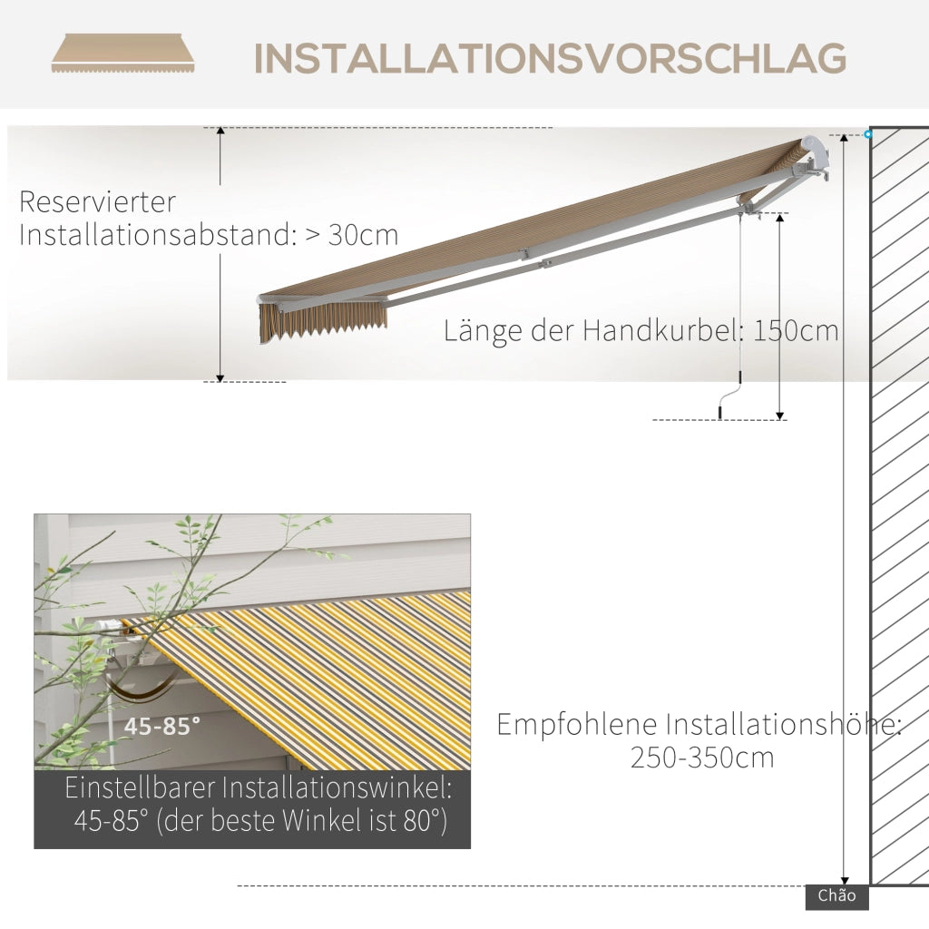 Tenda a braccio articolato 3.5 x 2.5 m con manovella protezione solare telaio alluminio e poliestere colore grigio giallo per terrazza e balcone
