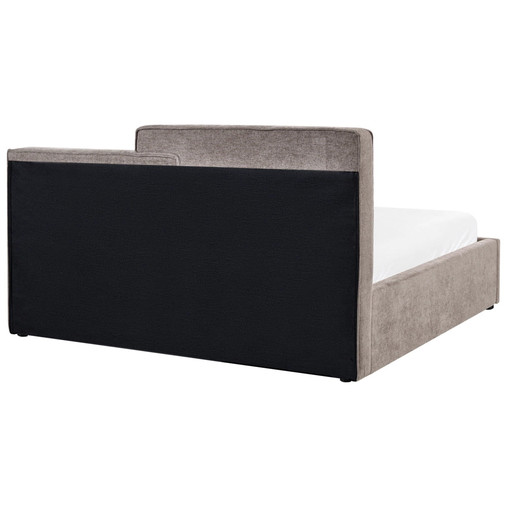 Letto contenitore rivestito in tessuto grigio marrone 160 x 200 cm testiera asimmetrica a gradini in stile scandinavo
