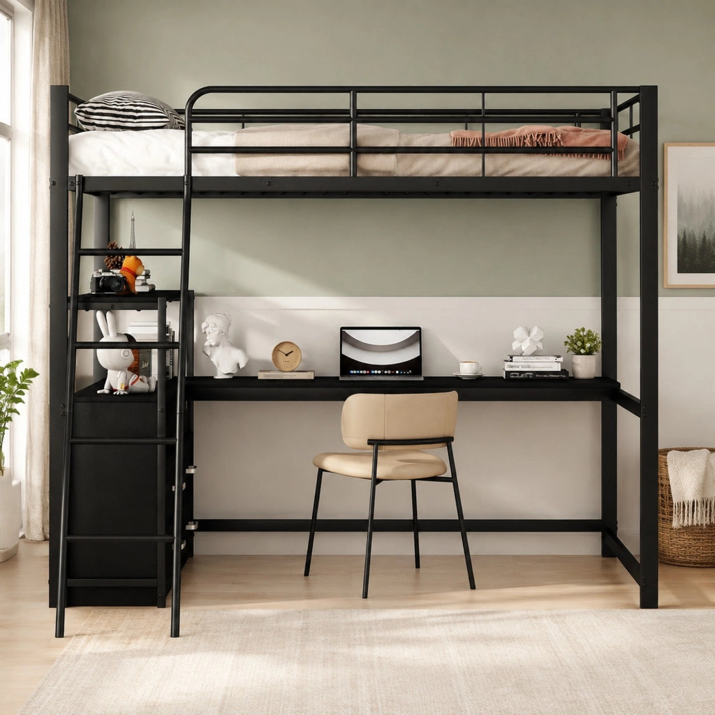 LETTO a soppalco 140x200 cm in metallo e MDF nero con scrivania a L