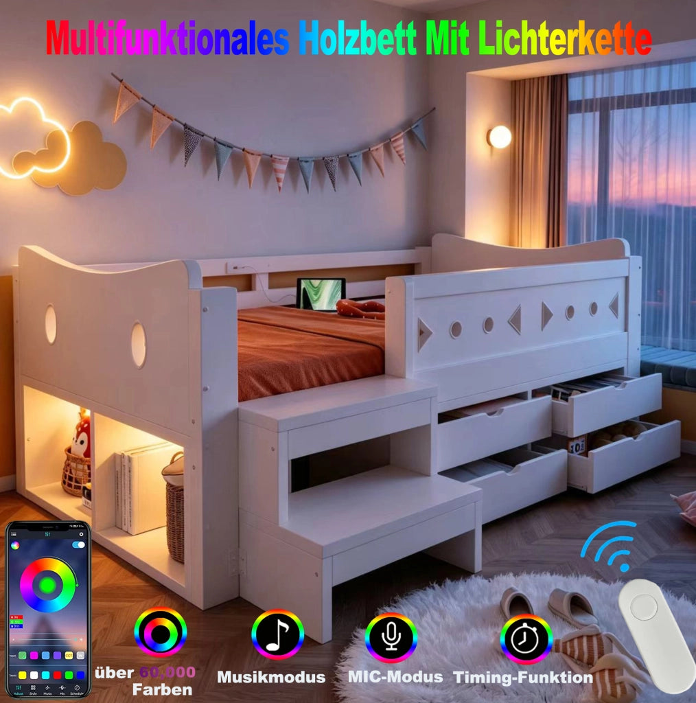 Letto singolo per bambini 90x200 cm con 4 cassetti; LED; USB e Type-C; bianco