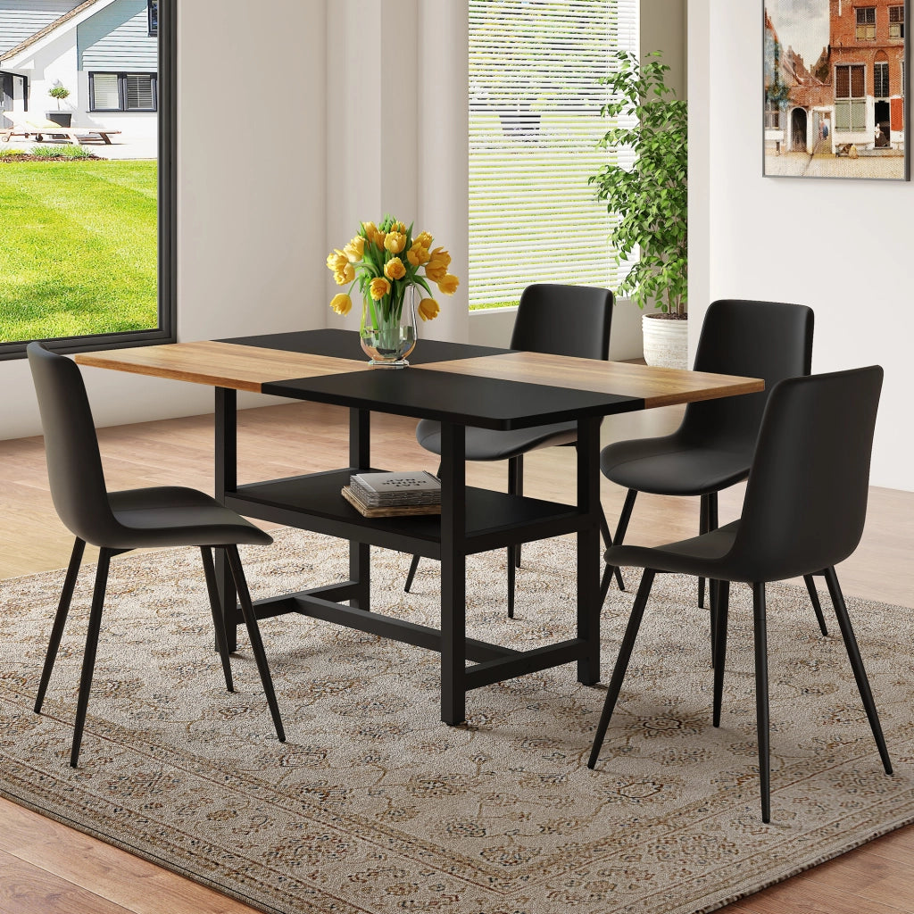 Tavolo da pranzo per 4 persone con vano contenitore e 4 sedie, in MDF, metallo e pelle PU, marrone e nero