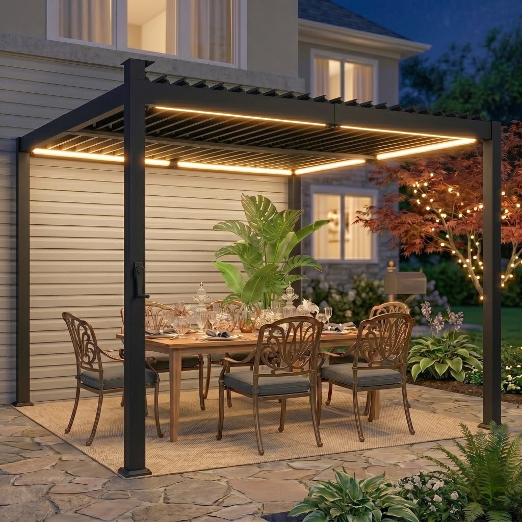 Pergola bioclimatica 3x3m con luci LED solari e grondaie ¨C zephmum ¨C nero