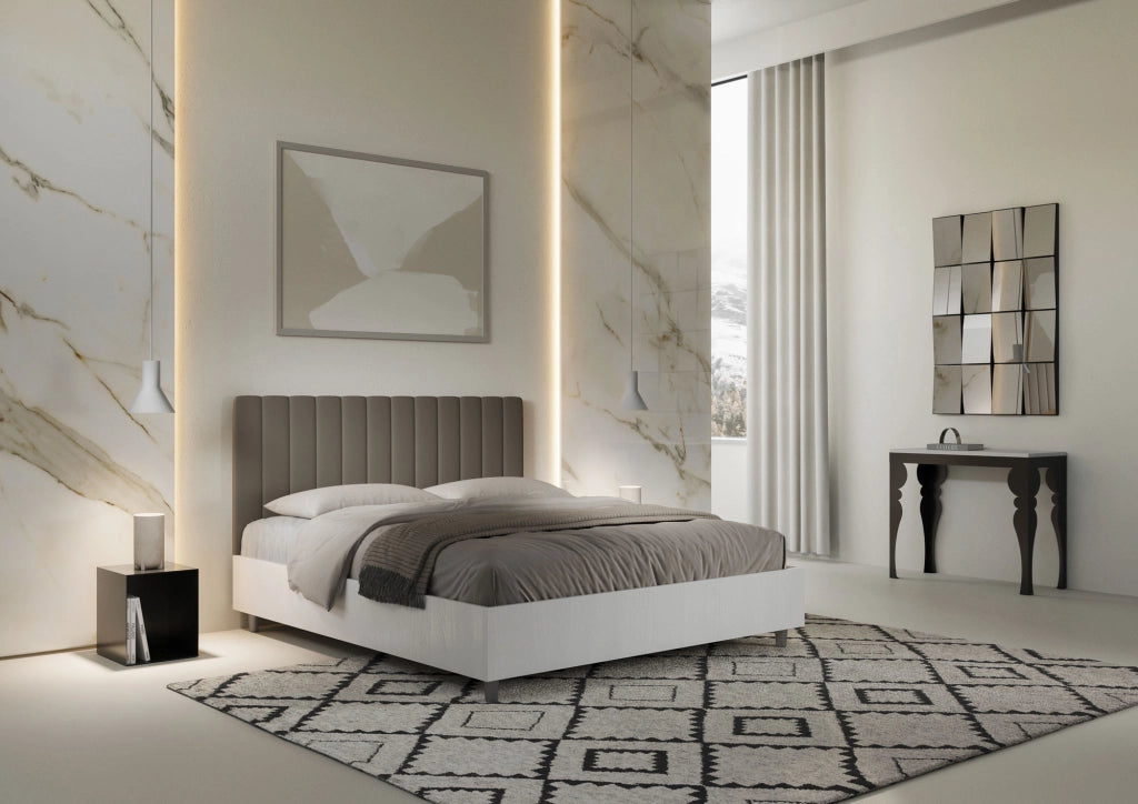 BS COM Letto matrimoniale senza rete 160x200 bianco frassino testata similpelle cappuccino