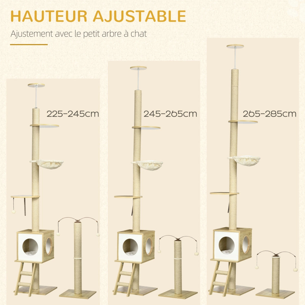 Tiragraffi per Gatti da Soffitto ¨C Xylo ¨C Altezza Regolabile 225-285cm 4 Livelli Amaca Cuccia Beige