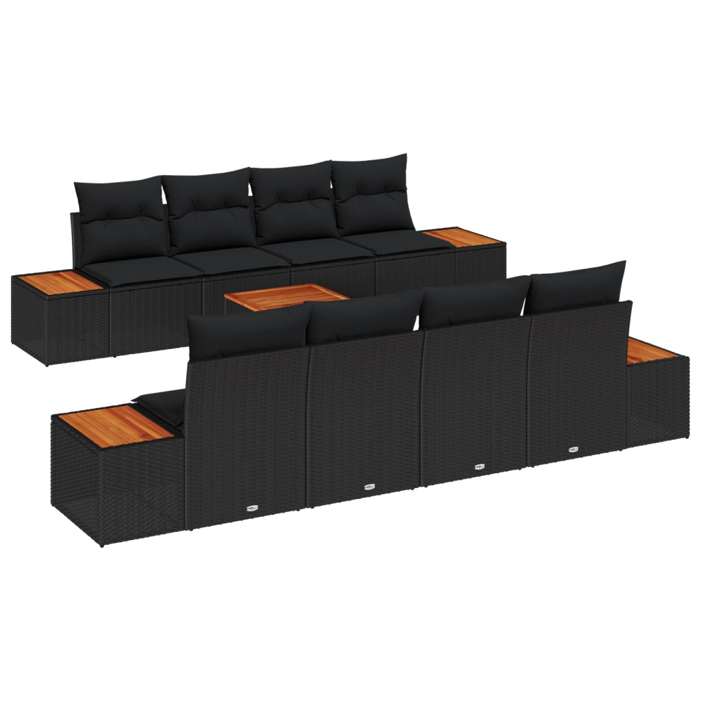 Set di Divani da Giardino da 9 Pezzi con Cuscini Nero Polyrattan Acacia