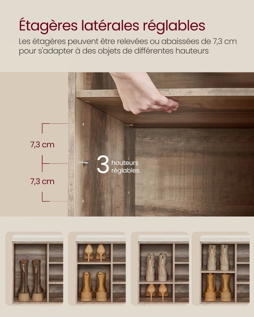 Panca portascarpe mobile da ingresso con seduta scarpiera con cuscino e 9 scomparti ripiani regolabili per ingresso soggiorno 303 x 785 x 48 cm marrone rustico 12_0004095