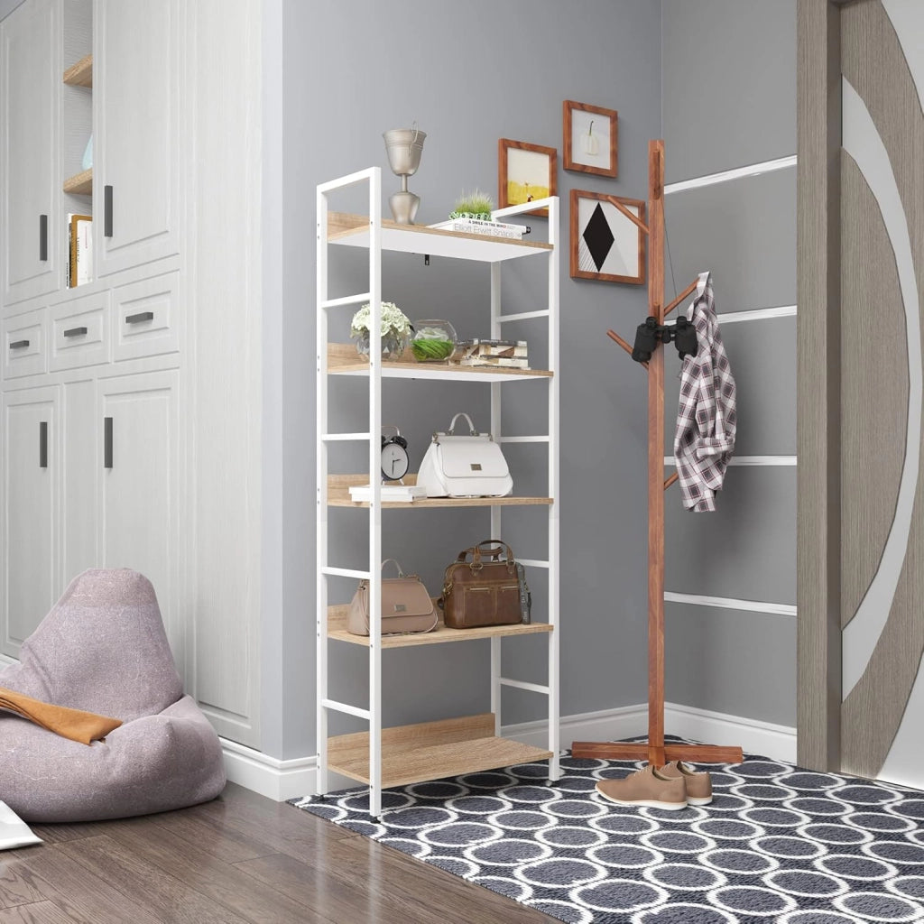 Libreria Scaffale a 5 Livelli, Libreria Verticale Struttura in Metallo per Soggiorno/Camera da Letto/Studio, 60x27,5x160cm,Bianco + Rovere chiaro