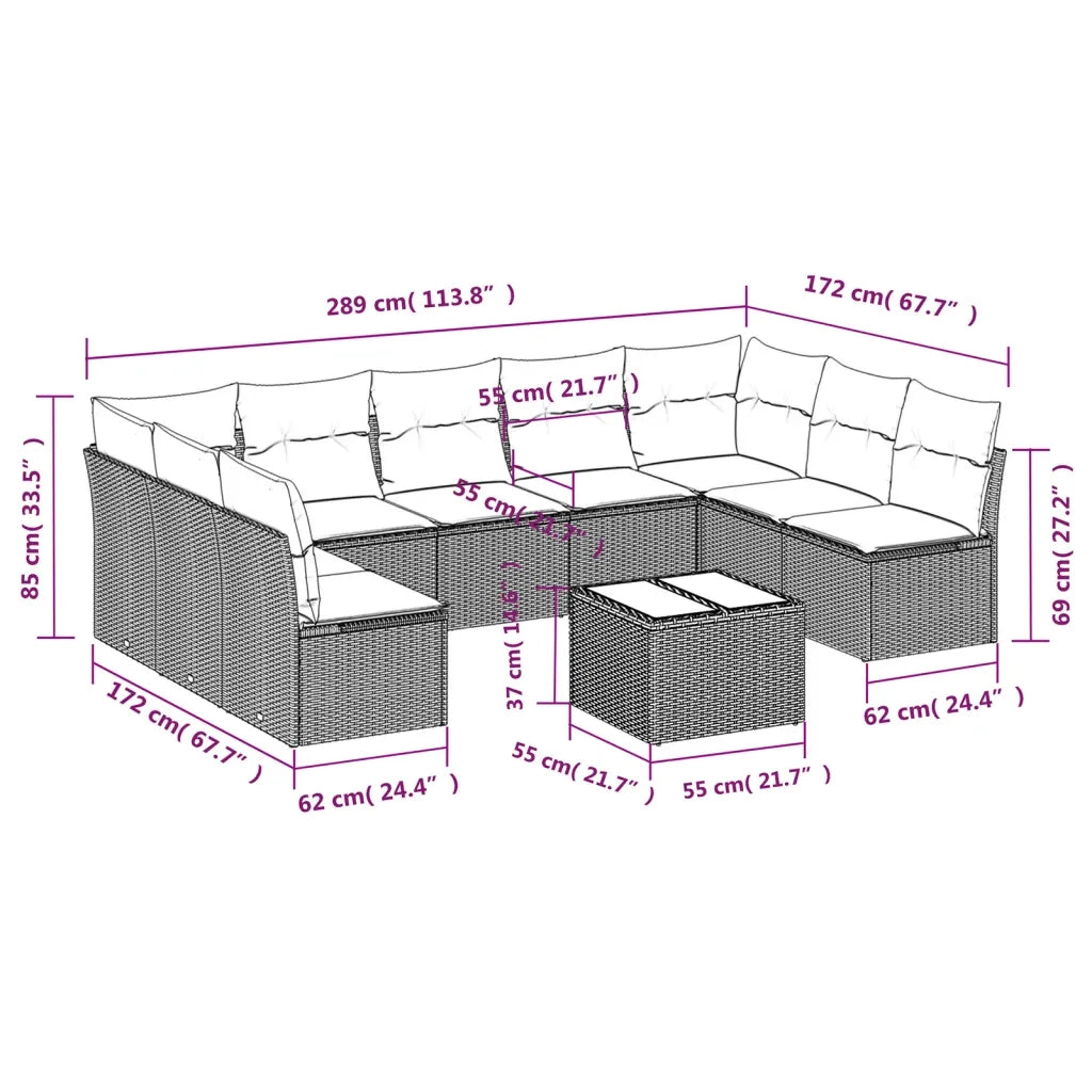 Set Divani da Giardino 10pz con Cuscini in Polyrattan Nero 3218075