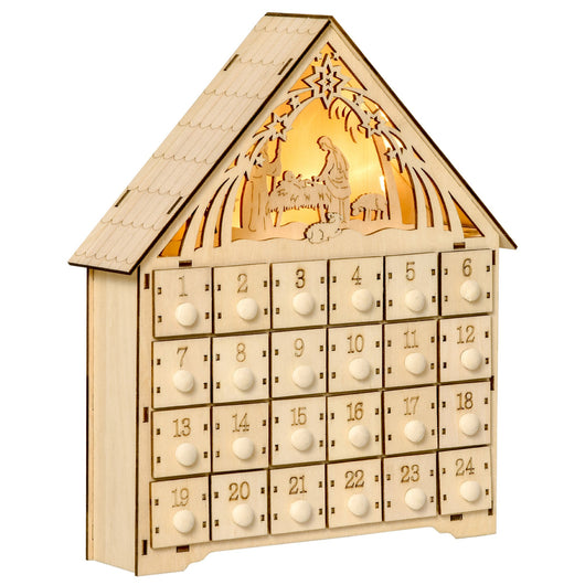 Calendario dell'Avvento  26,6x6x30 cm 24 Cassetti e Presepe Intagliato in Legno