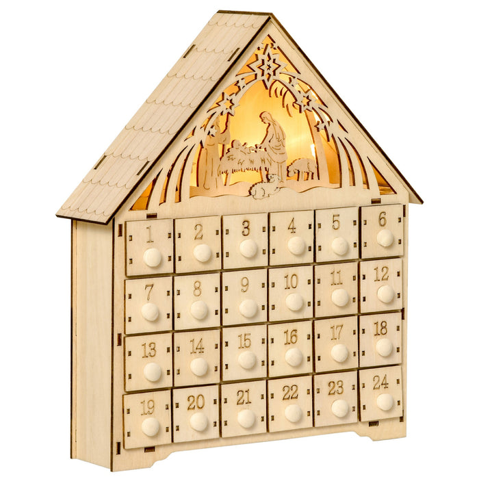 Calendario dell'Avvento  26,6x6x30 cm 24 Cassetti e Presepe Intagliato in Legno