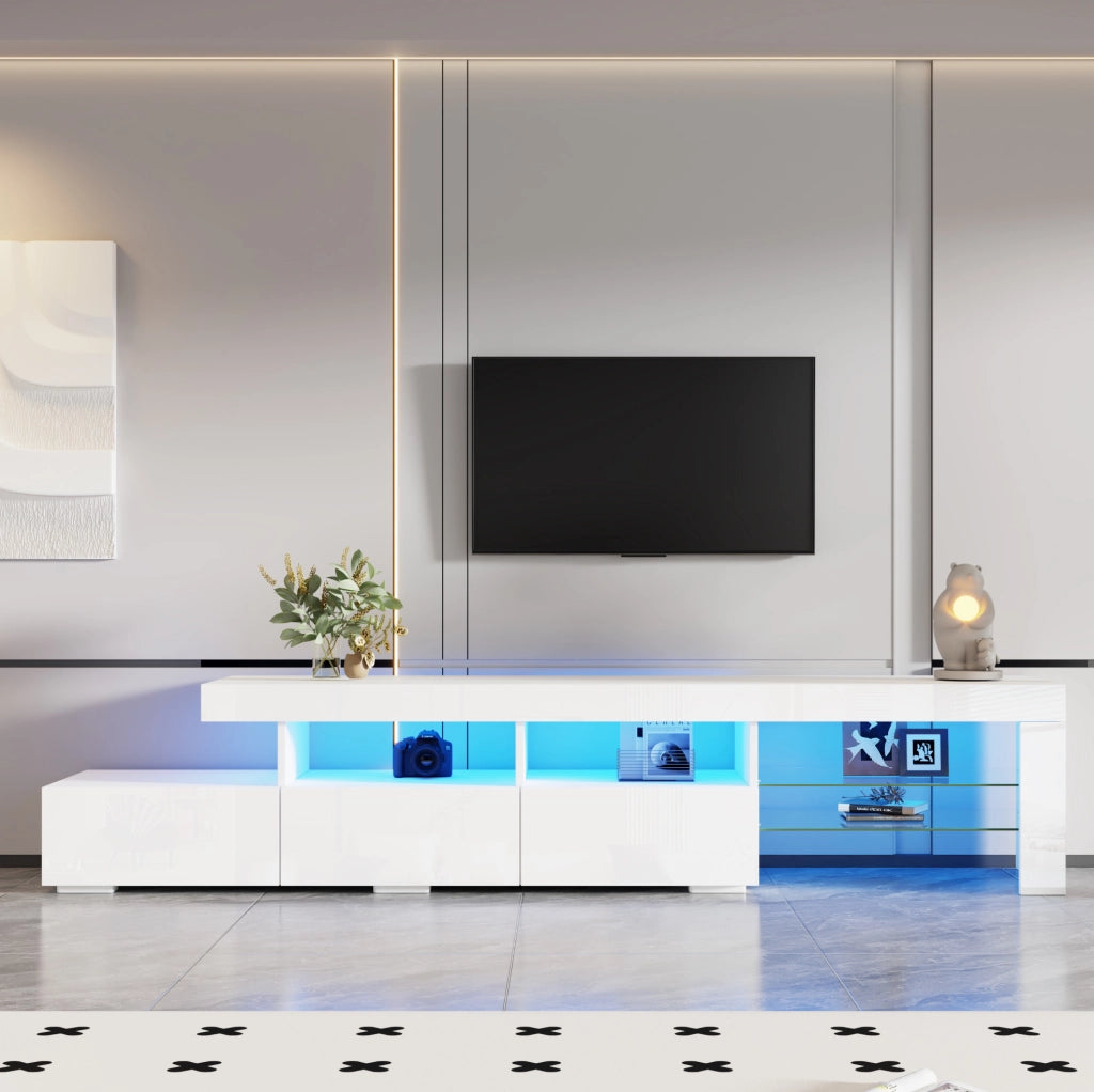 Mobile TV 180x35x45 cm con illuminazione LED; frontale lucido; 3 cassetti; in MDF e truciolare; bianco