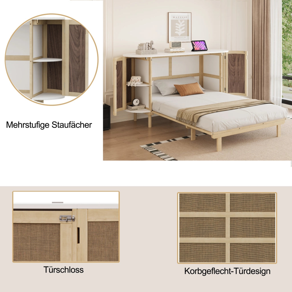OKWISH Letto a scomparsa 140×200 cm, Letto Matrimoniale con Contenimento, Mensole e Design in Rattan, senza Materasso, in Legno, Naturale