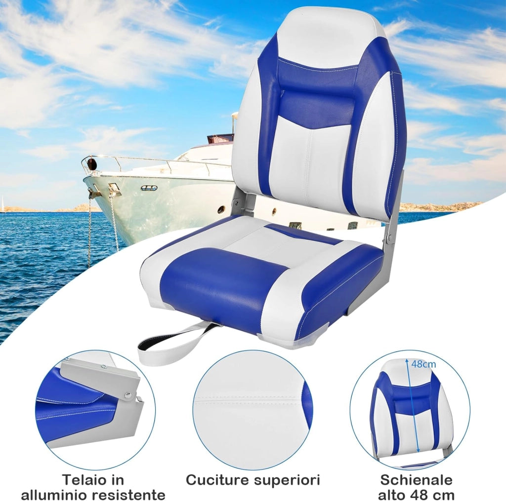 Sedia da Barca, Sedile da Barca Pieghevole con Morbido Cuscino Imbottito, Rivestimento in PVC Impermeabile, 44,5 x 51 x 61 cm (Blu, 1)