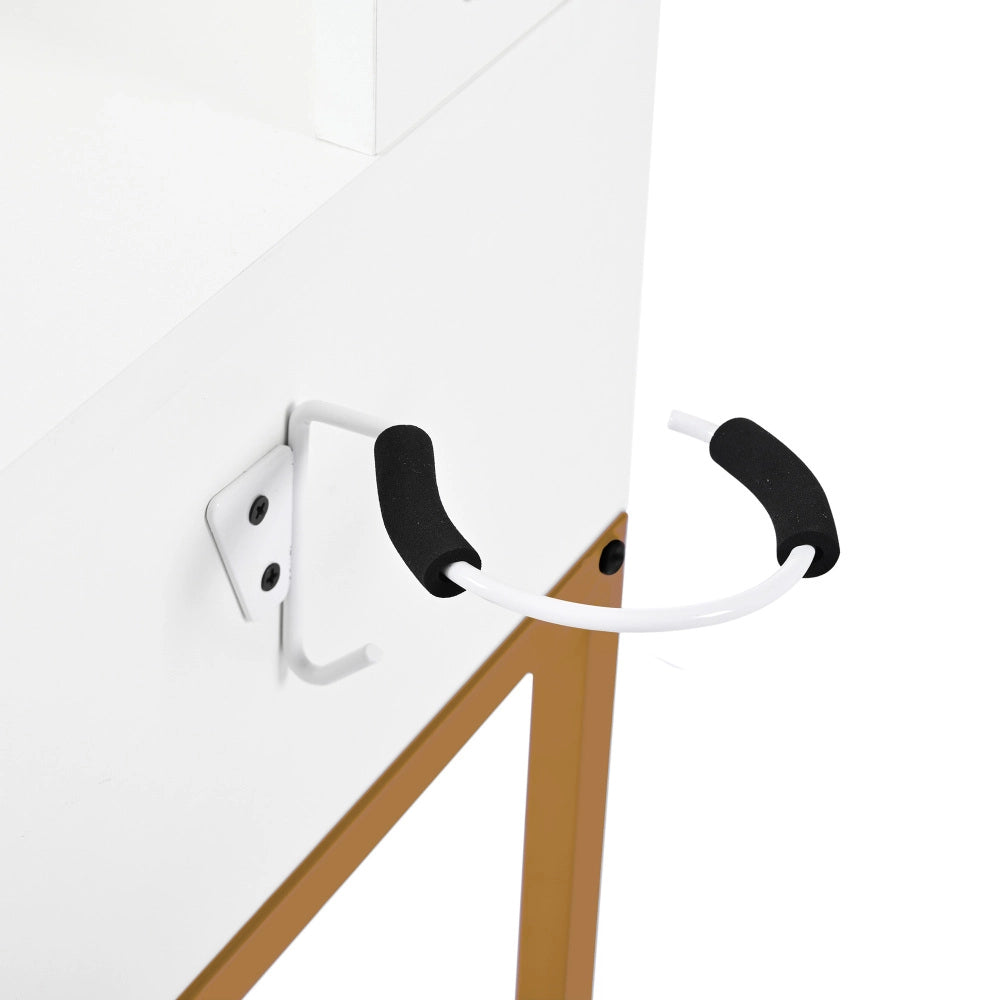 Mobile Toeletta Moderno Bianco con Specchio LED Girevole, Prese USB, Sgabello e Gambe Dorate