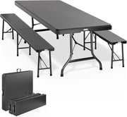 ® Set da Birreria Pieghevole in Plastica con Maniglia Tavolo 2x Panca 3 Pezzi 180cm Campeggio Giardino Sagra