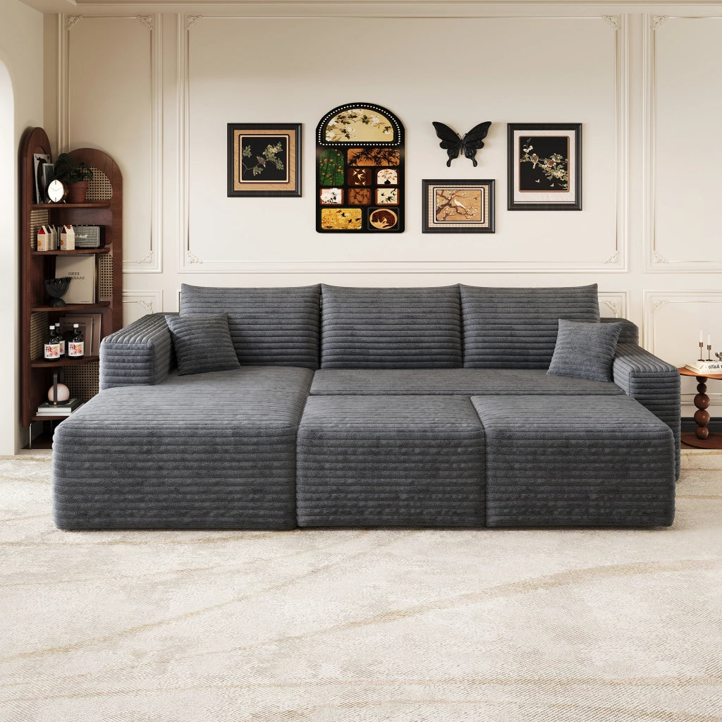 Divano angolare modulare senza montaggio dal design minimale in tessuto a coste morbido per soggiorno grigio scuro