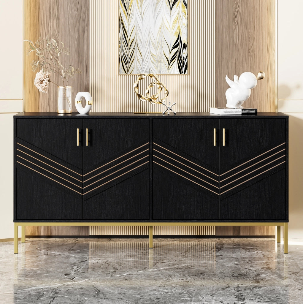 Sideboard moderno nero e oro in MDF con 4 porte e ripiani regolabili, 160x40x80,5 cm