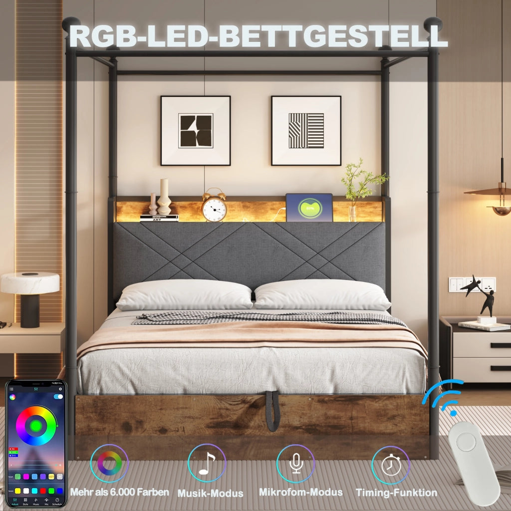 OKWISH Letto Contenitore 140×190 cm, Letto Matrimoniale con USB, Tipo C, LED Regolabile e 3 Cassetti, senza Materasso, in Metallo, Nero