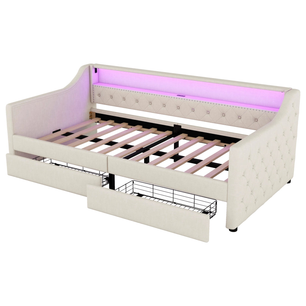 Letto divano con rete a doghe in lino beige 90x200 cm