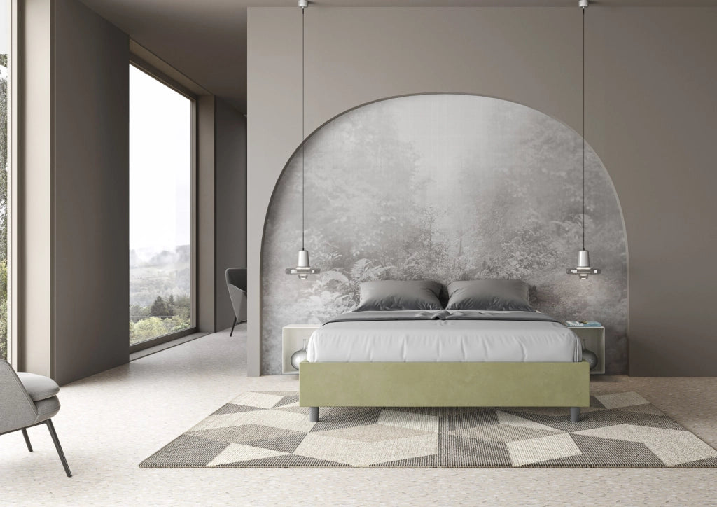 BS COM Letto matrimoniale con rete imbottito 160x210 microfibra tè verde