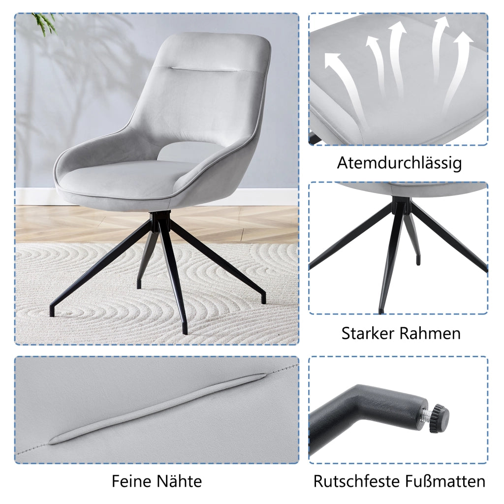 SEDIA DA PRANZO Girevole 360° Set da 2 pezzi Velluto Grigio Chiaro Metallo Nero