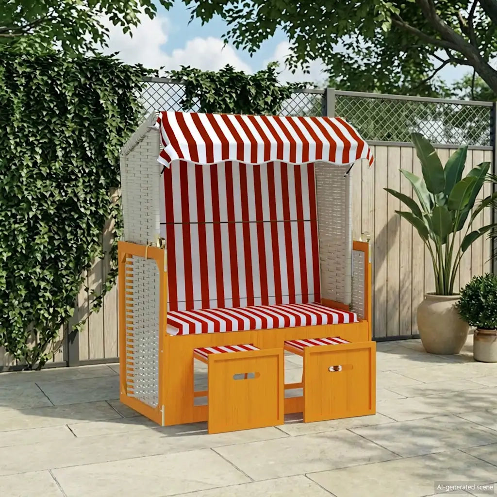 Strandkorb con Tettoia Polyrattan e Legno Massello Rosso Bianco CFW6754368