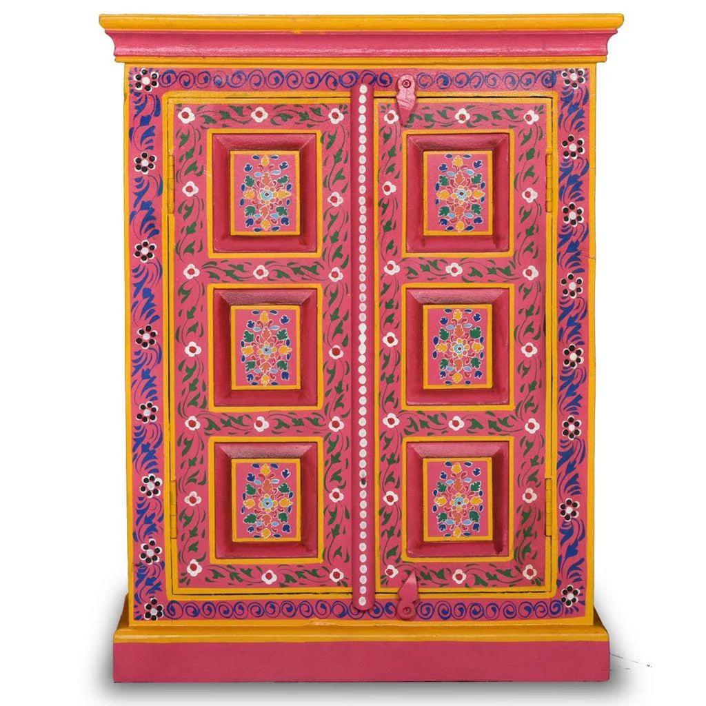 Buffet credenza mobiletto consolle mobile contenitore legno massello di mango dipinto a mano in rosa 4402024