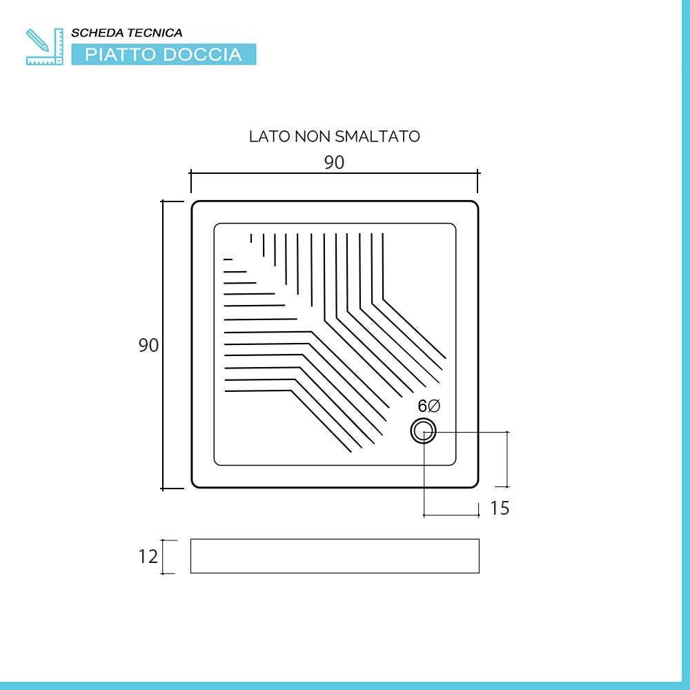 Piatto doccia 90x90 H 12 quadrato in ceramica bianca con antiscivolo Holy