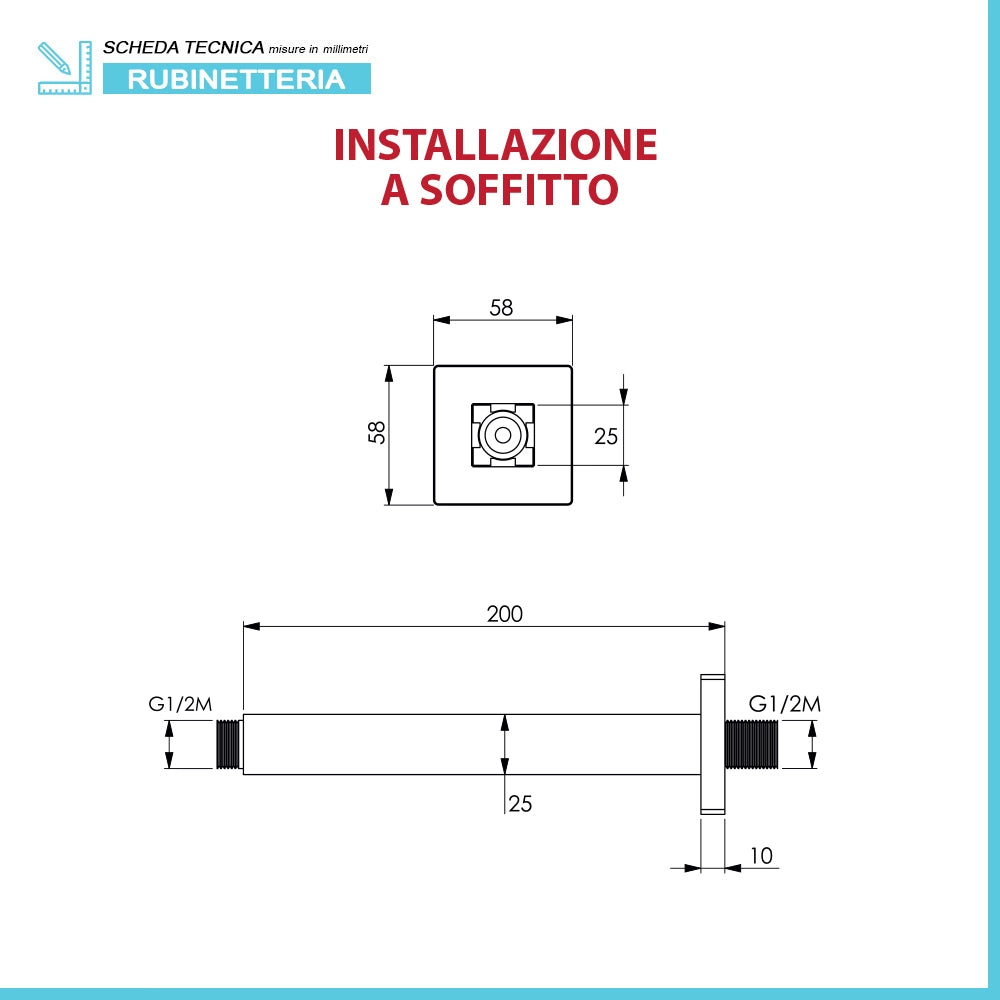 Braccio doccia verticale in ottone cromato 20cm design quadrato