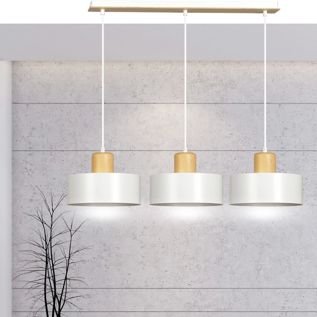 Lampada a sospensione Torin in acciaio bianco e legno naturale