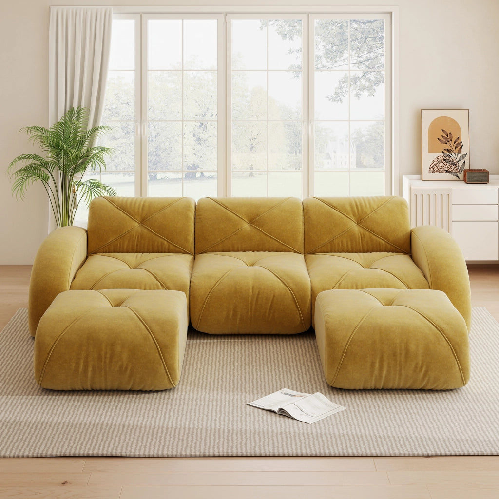 Divano modulare a U senza montaggio con 2 pouf in chenille gialla per soggiorno e relax 281 × 171 × 76 cm