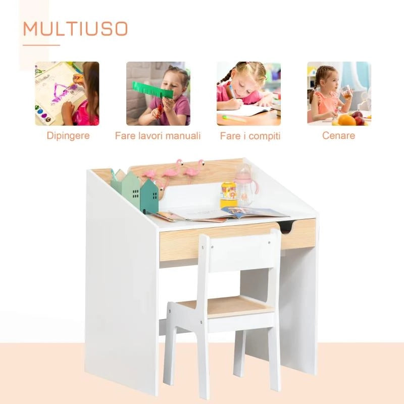 SET SCRIVANIA E SEDIA PER BAMBINI CON CASSETTO E SCAFFALE, BORDI ARROTONDATI, ETÓ 6-10 ANNI, BIANCO E LEGNO