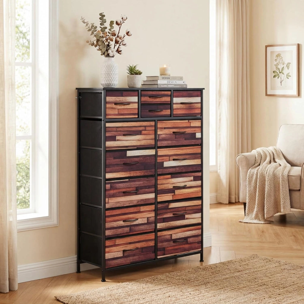 Cassettiera Camera da Letto con 11/14 Cassetti Pieghevoli, Credenza Soggiorno, Mobiletto Contenitore, Comò Multiuso per Salotto, Ingresso, Stile Industriale, in Legno, Metallo (85 x 30 x 120 cm)