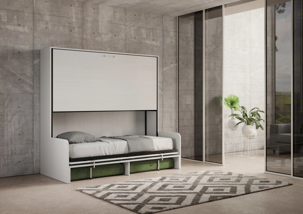 Letto doppio a scomparsa Kando con divano con materassi bianco frassino, verde