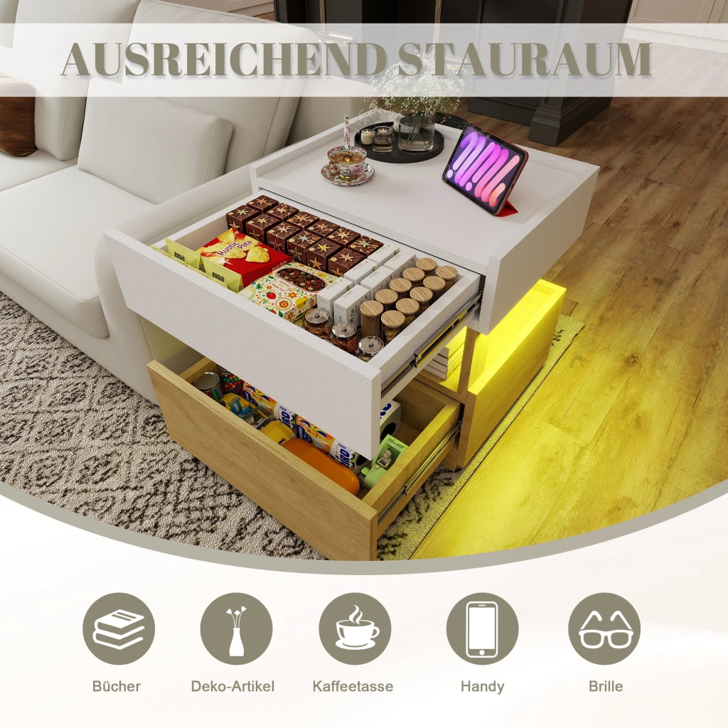 COMODINO 50x40x50 cm con ricarica wireless e LED, Bianco/Naturale, 2 cassetti