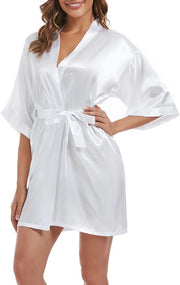 Kimono satinato per donna, abito da bagno, abito da sposa leggero, abito da sposa giapponese, pigiama corto, bianco, L