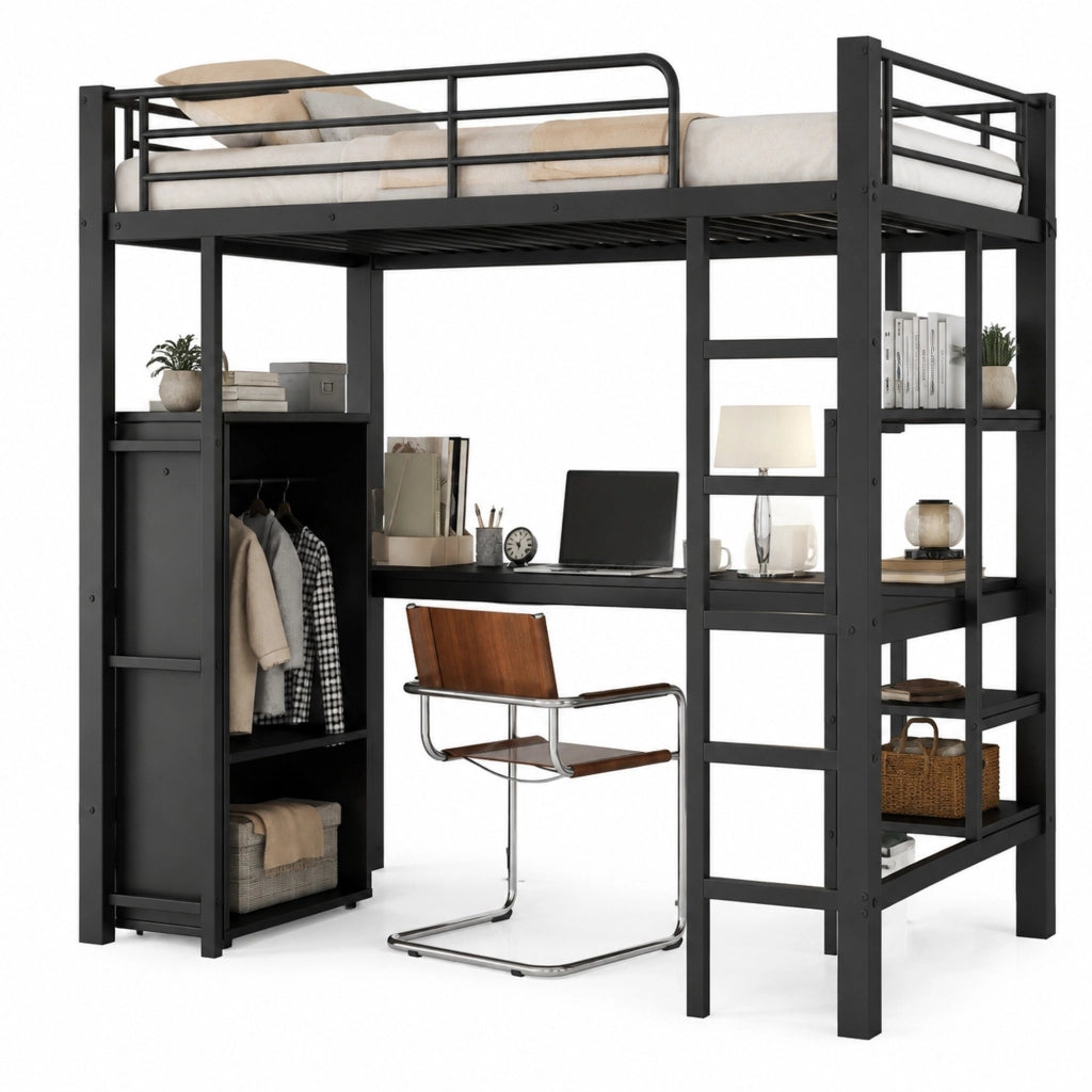 DESMIU Letto a soppalco singolo con scrivania, armadio, 3 ripiani e scala a 5 gradini 90 × 200 cm senza materasso nero
