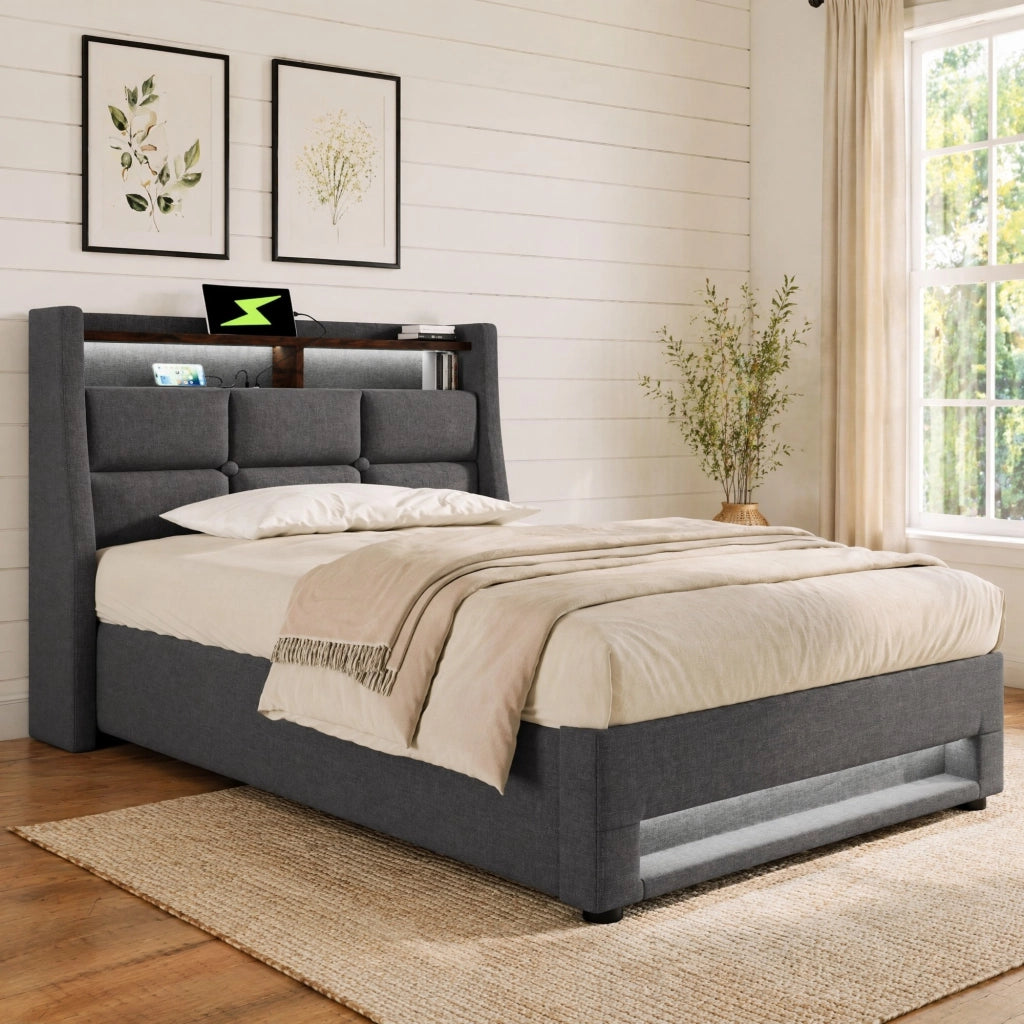LETTO imbottito 90x200 cm grigio con LED, USB e struttura in lino