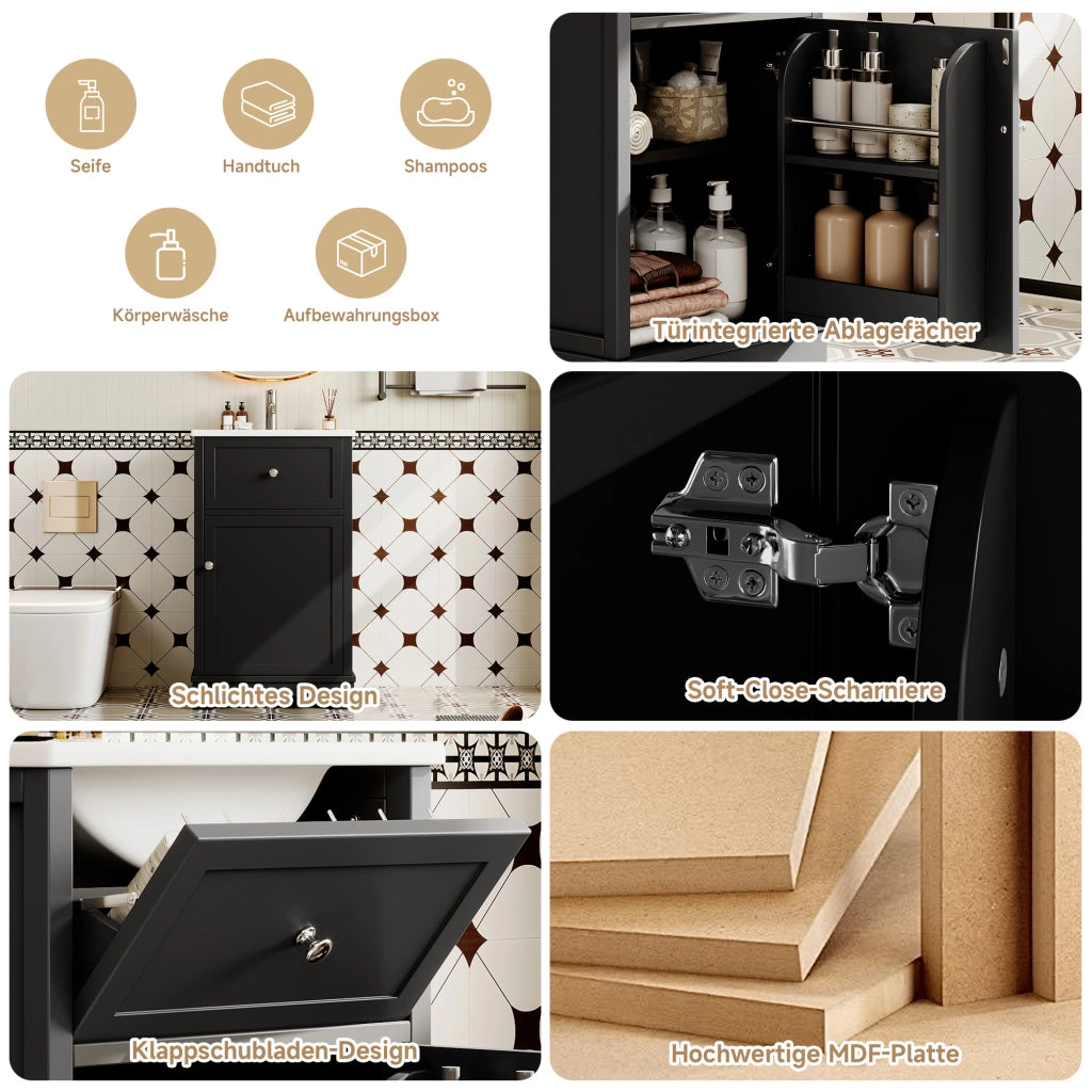 Mobile sottolavabo con lavabo integrato 1 cassetto 1 anta e ripiano regolabile in ceramica e MDF nero 51 × 46 × 87 cm