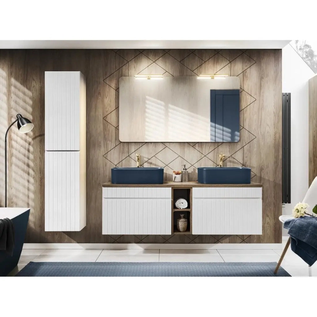 Set ICON bianco: mobile sottolavabo 140cm con nicchie in legno a vista + due lavabi da appoggio blu + specchio + LED + colonna