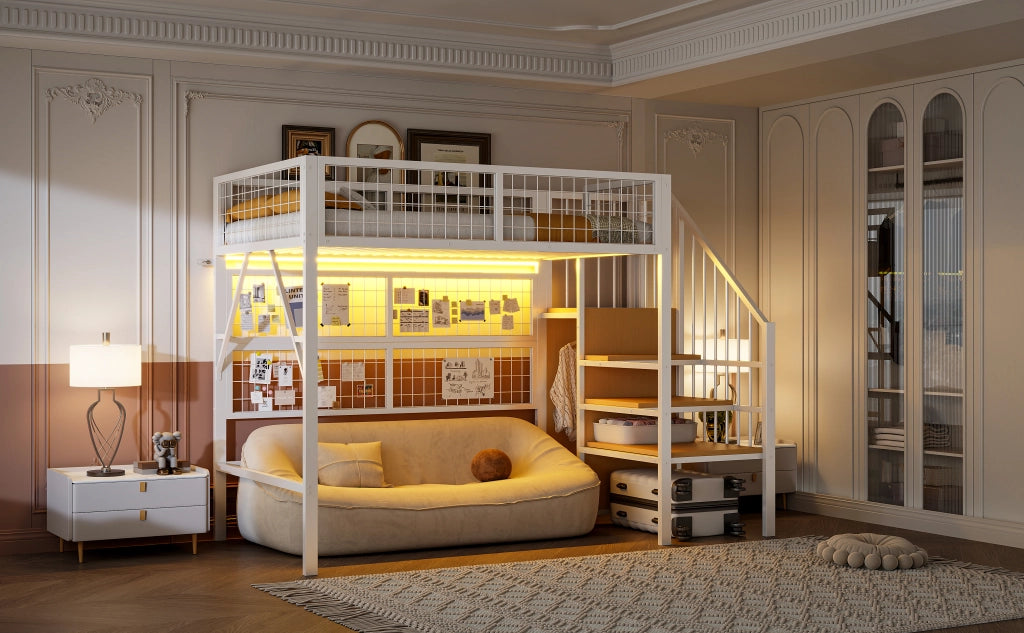 DESMIU Letto a soppalco singolo con LED regolabile, scala contenitore e armadio 90 × 200 cm senza materasso