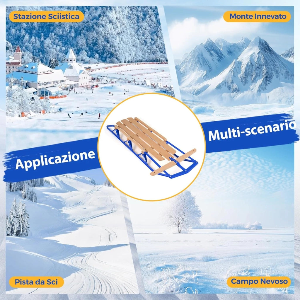 Slittino da Neve, Slittino per Bambini e Adulti con Barra di Direzione, Fori Preforati e Maniglie, Slitta da Neve in Legno e Metallo Vernicato, Carico Massimo 150 kg