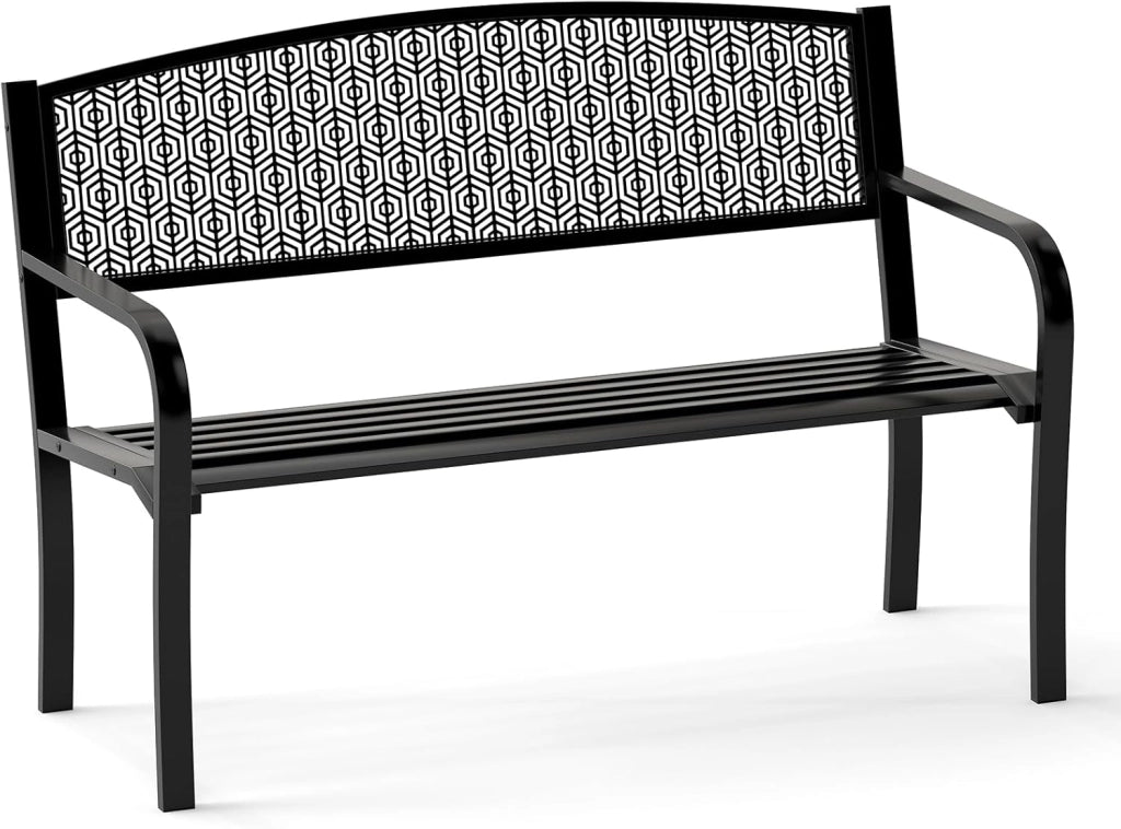 Panca da Esterno 2-3 Posti 128 cm, Panca in Metallo con Braccioli Curvi e Schienale alla Moda, Panchina Moderna in Metallo per Parco, Cortile e Giardino (Nero, 128 x 60 x 86.5 cm)